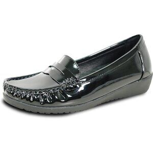 Women Black Patent Faux Leather Round Toe Removable Insole Wedge Slip-On Loafer
